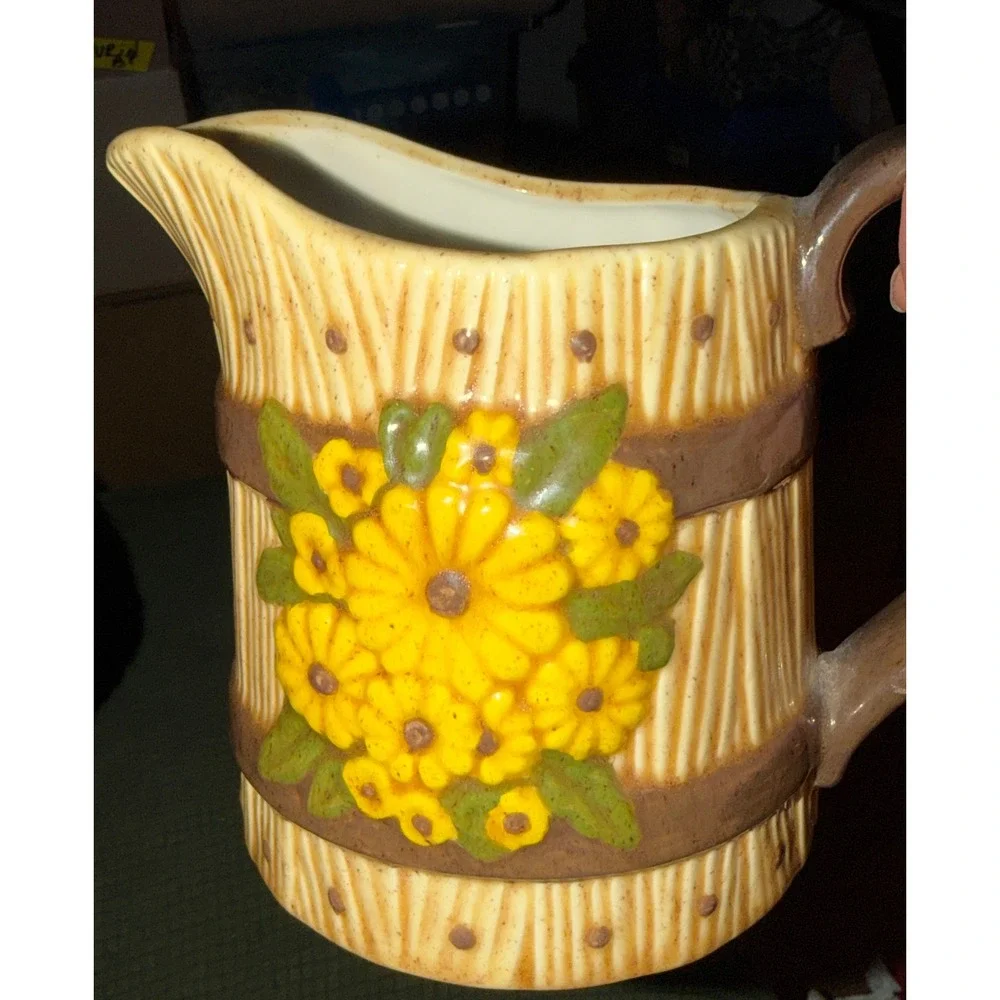 Sunflower Ceramic Pitcher Vintage‎ Farmhouse Barrel